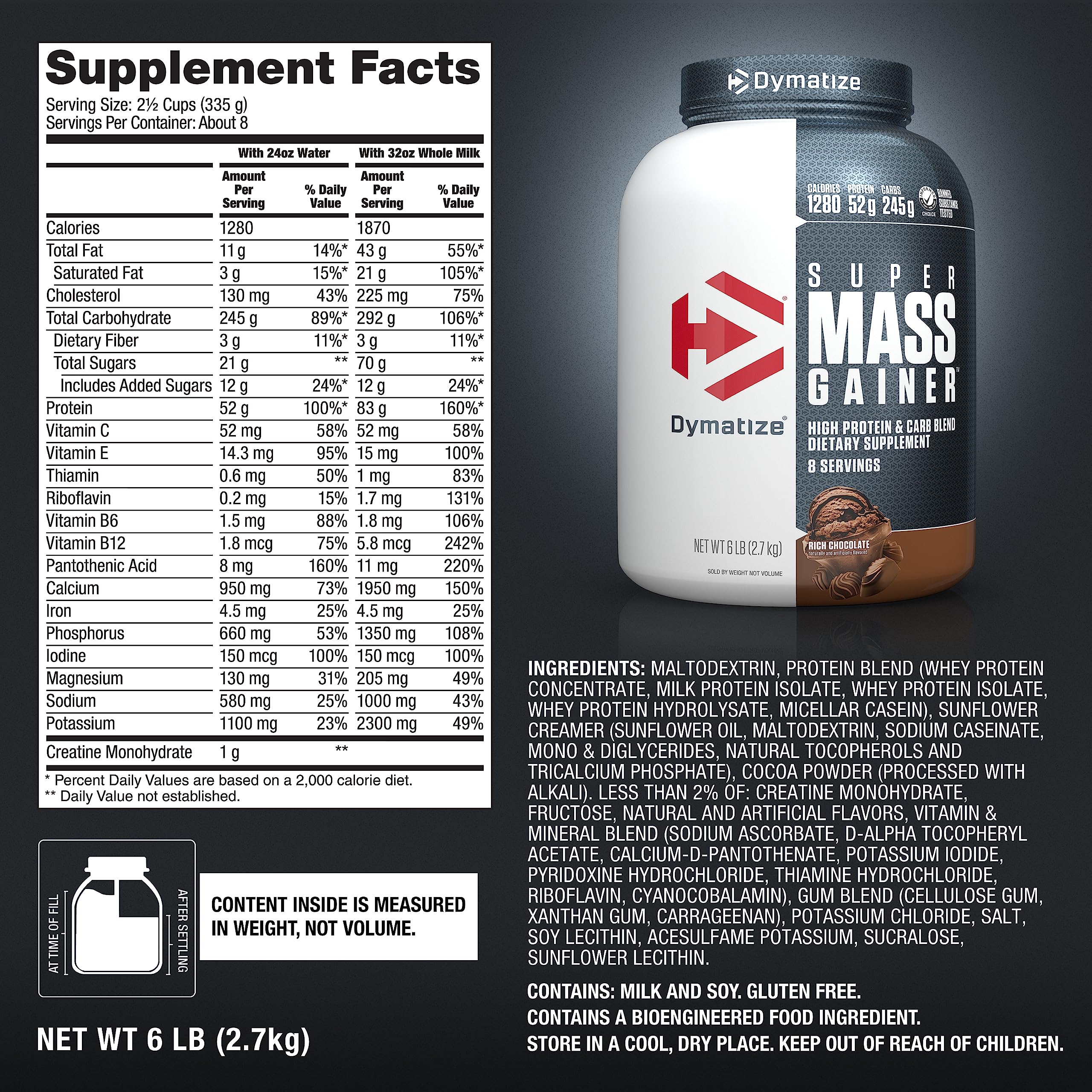 Dymatize Super Mass Gainer Protein Powder, 1280 Calories & 52g Protein, 10.7g BCAAs, Mixes Easily, Tastes Delicious, Rich Chocolate, 6 lbs