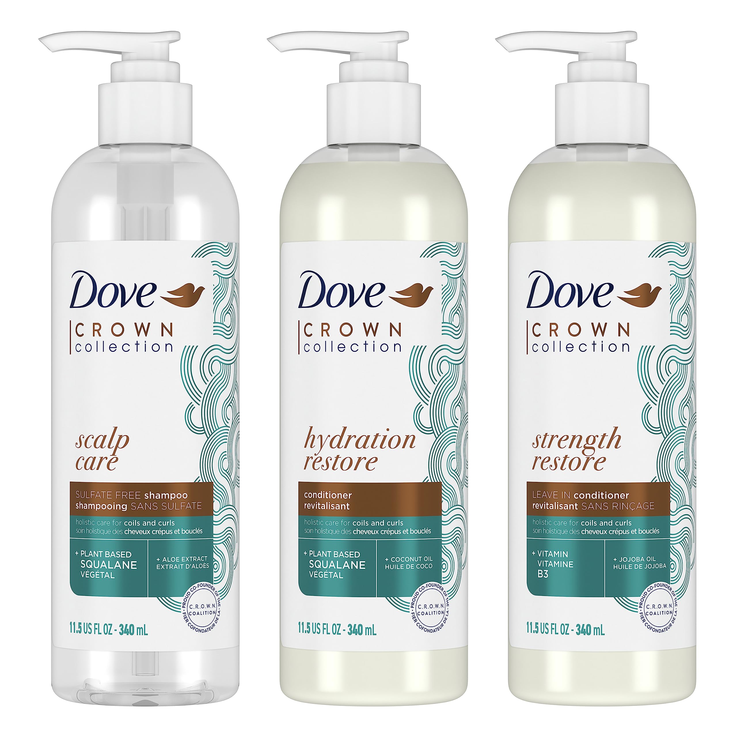 Dove Amplified Textures Shampoo, Conditioner, Leave-In Conditioner with Coconut Milk, Aloe, and Jojoba 3 Count for Coils, Curls and Waves and Moisture Amplifying Hair Care Blend 11.5 Ounce (Pack of 3)