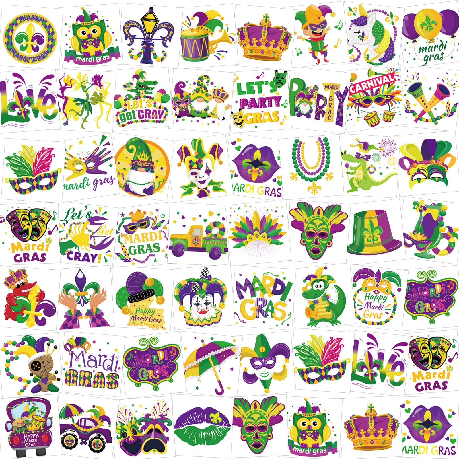 HOWAF 96 Pieces Mardi Gras Temporary Tattoos, 48 Styles New Orleans Party Temporary Tattoos Stickers for Kid, Mardi Gras Themed Fake Tattoos with Crown, Mask Design for Masquerade Party Decoration