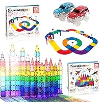 PicassoTiles 60PC Magnet Tiles + 30PC Race Car Track Fun & Creative Playset Bundle: STEAM Learning, Enhance Construction Skills, Hand-Eye Coordination and Fine Motor Skills, Gift for Boys and Girls