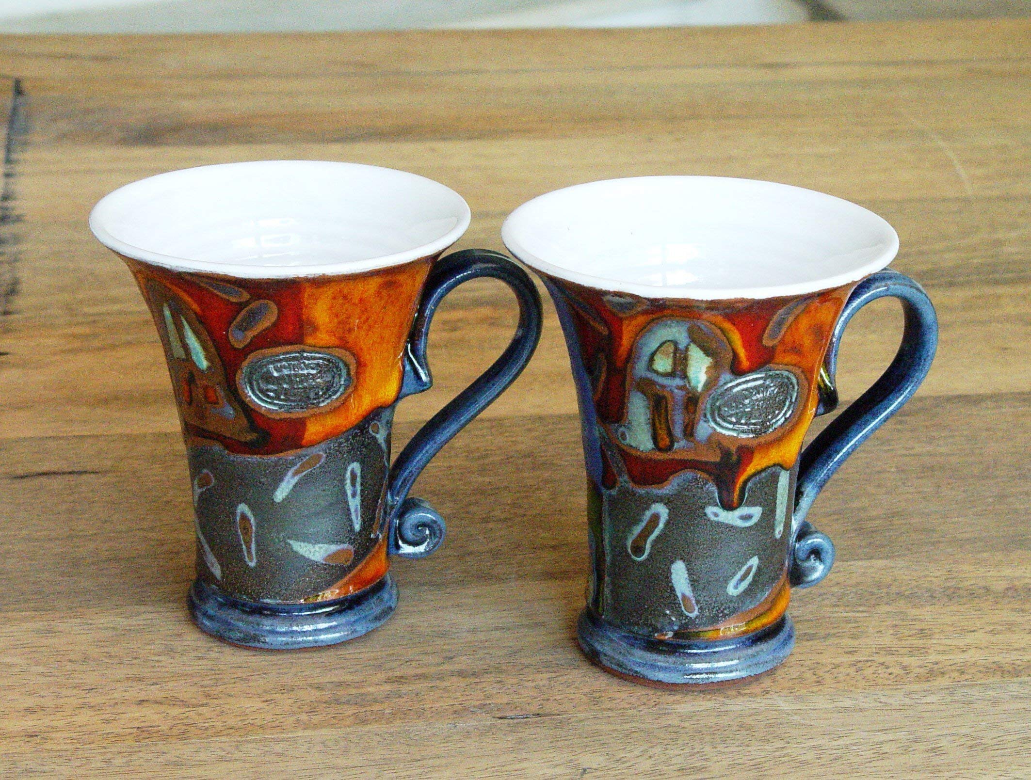 Set of Two Coffee Mugs, Colorful Ceramic Mugs with Unique Hand Painted Decoration, Danko Pottery
