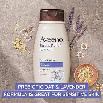 Aveeno Stress Relief Body Wash with Soothing Oat & Lavender Scent for Sensitive Skin, Moisturizing Shower Wash Gently Cleanses & Helps You Feel Calm & Relaxed, Sulfate-Free, 12 fl. oz