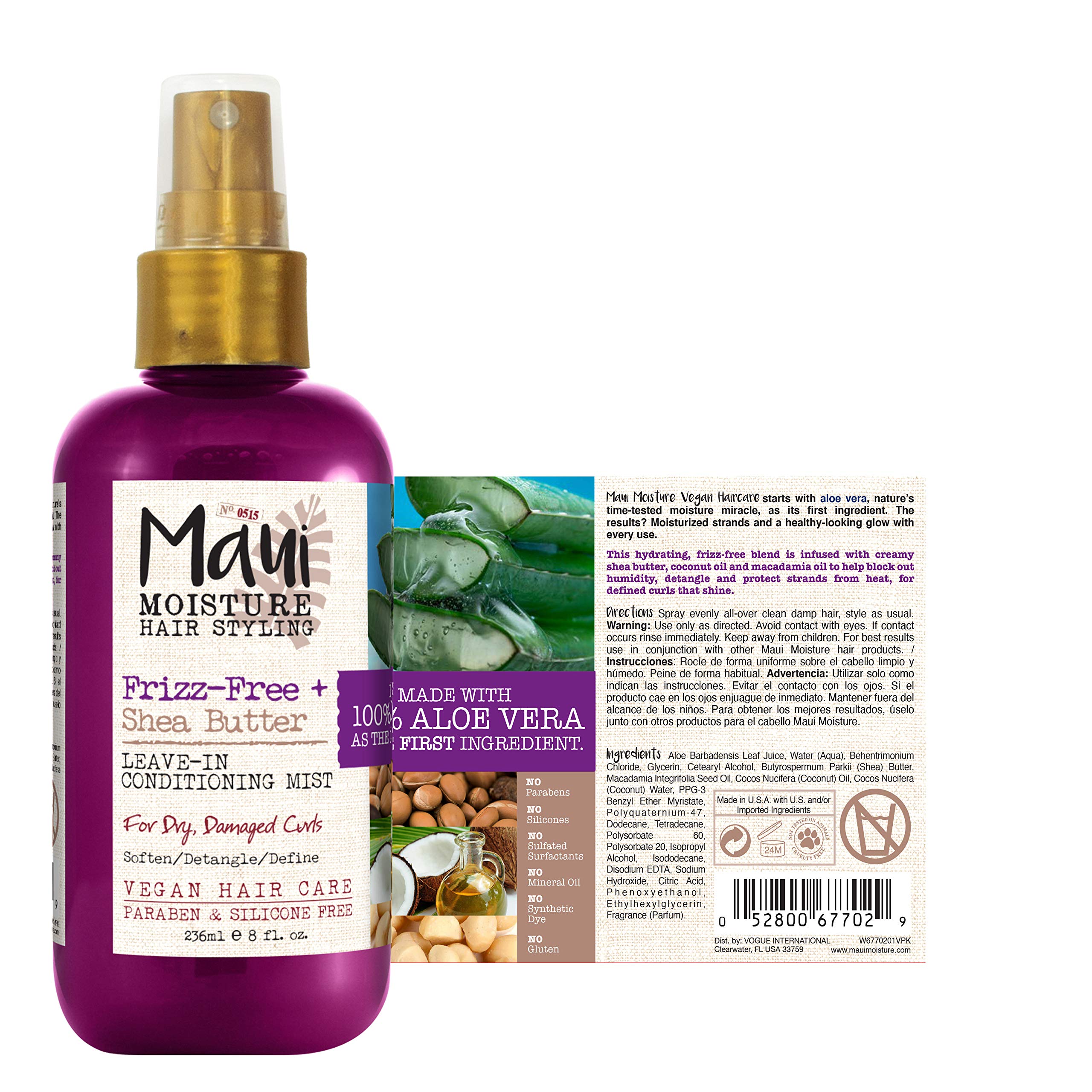 Maui Moisture Frizz-Free + Shea Butter Leave-in Conditioning Mist, Curly Hair Styling, No Drying Alcohols, Parabens or Silicone, 8 Fl Oz