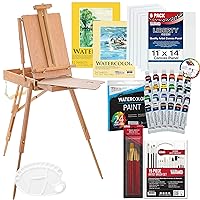 U.S. Art Supply 57-Piece Artist Watercolor Painting Set with Field Studio Sketch Box Easel, 24 Watercolor Paint Colors, 22 Brushes, 6 Canvas Panels, 2 Watercolor Paper Pads, 2 Paint Palettes, Students