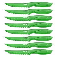 SereneLife Stainless Steel Knife Set, 8 Pcs. - Non-Stick Coating, Sharp Serrated Blades, Professional Kitchen Set, Rust-Resistant, Dishwasher Safe, Ideal for BBQ & Grilling, Green