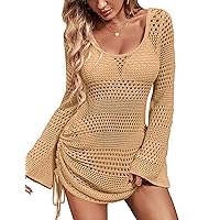 Womens Crochet Swimsuit Cover Up Knot Back Swim Cover Ups Drawstring Bathing Suits Coverup 2024