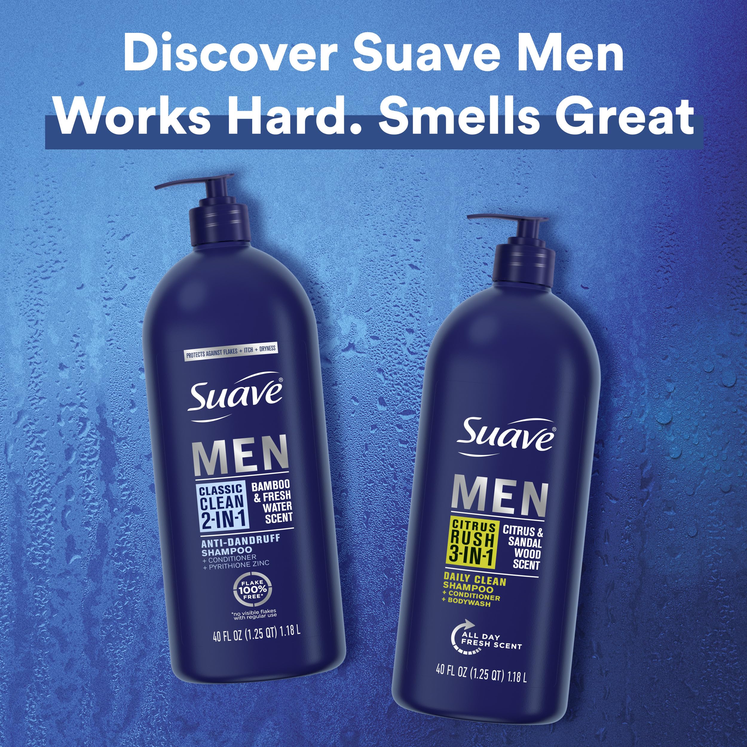 Suave Men 2 in 1 Anti Dandruff Shampoo and Conditioner, Classic Clean with Bamboo scent, 40 oz Pack of 3