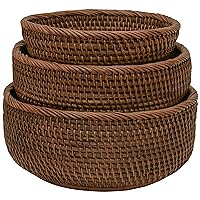 Round Wicker Baskets Handwoven Fruit And Vegetable Storage For Serving Potatoes Onions Bread Rattan Decor Basket Stackable Set 3 Fruit Holder For Kitchen Countertop Organizing Bathroom (Dark Brown)
