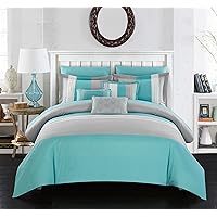 Chic Home Ayelet King Comforter Set with Sheets 10-Piece, Colorblock Stripe King Size Comforter with Down Alternative Fill, Includes 2 Shams, 3 Pillows and Bedding (Turquoise)