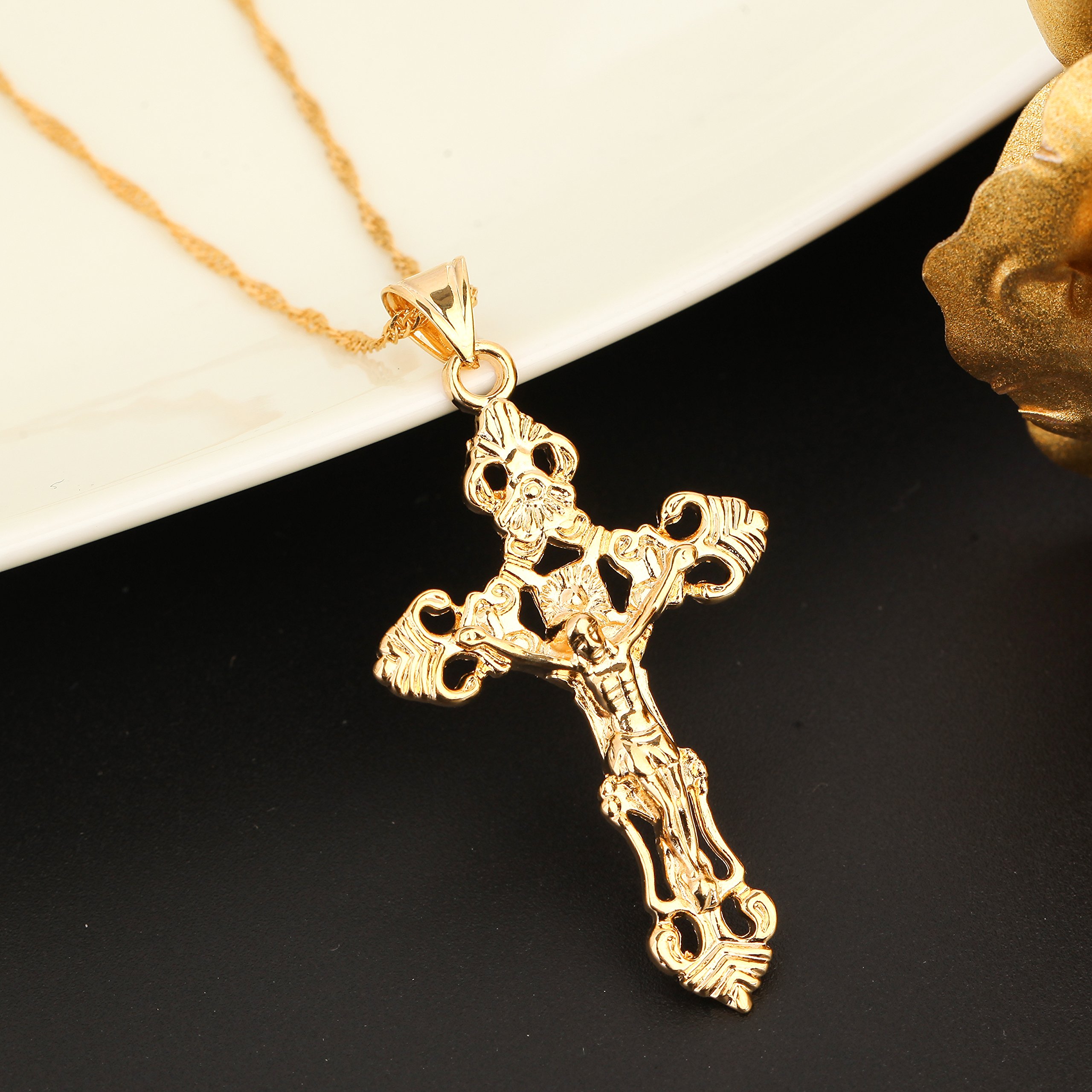 24K Gold Plated Catholic Cross Jesus Christ Cross Pendant Necklace Jewelry for Women
