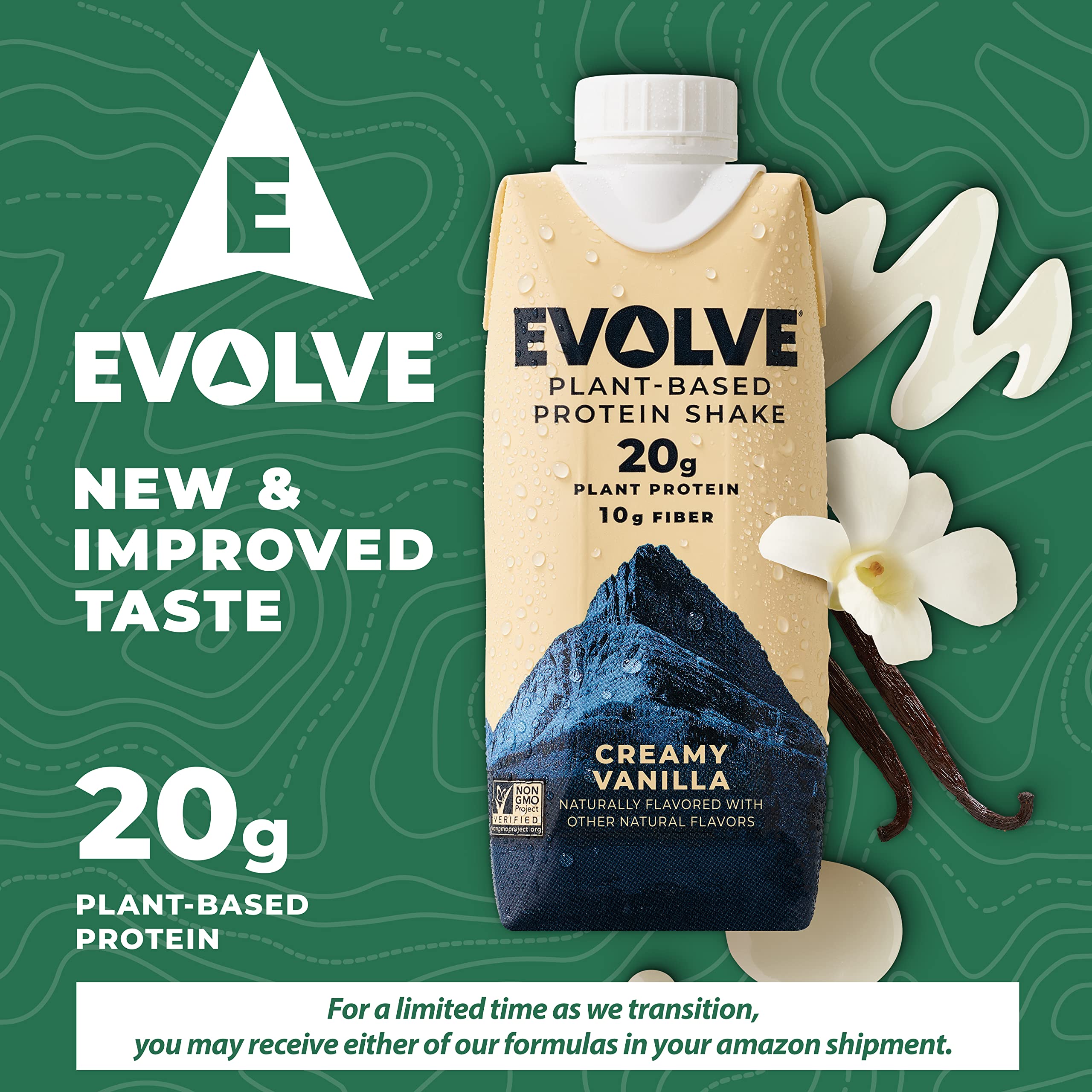 Evolve Plant Based Protein Shake, Vanilla Bean, 20g Vegan Protein, Dairy Free, No Artificial Sweeteners, Non-GMO, 10g Fiber, 11 Fl Oz (Pack of 12) (Formula May Vary)