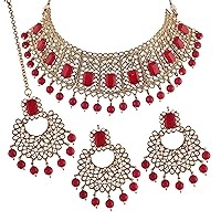 I Jewels Indian Bollywood Gold Plated Faux Beads Choker Jewelry Set with Maang Tiika for Women