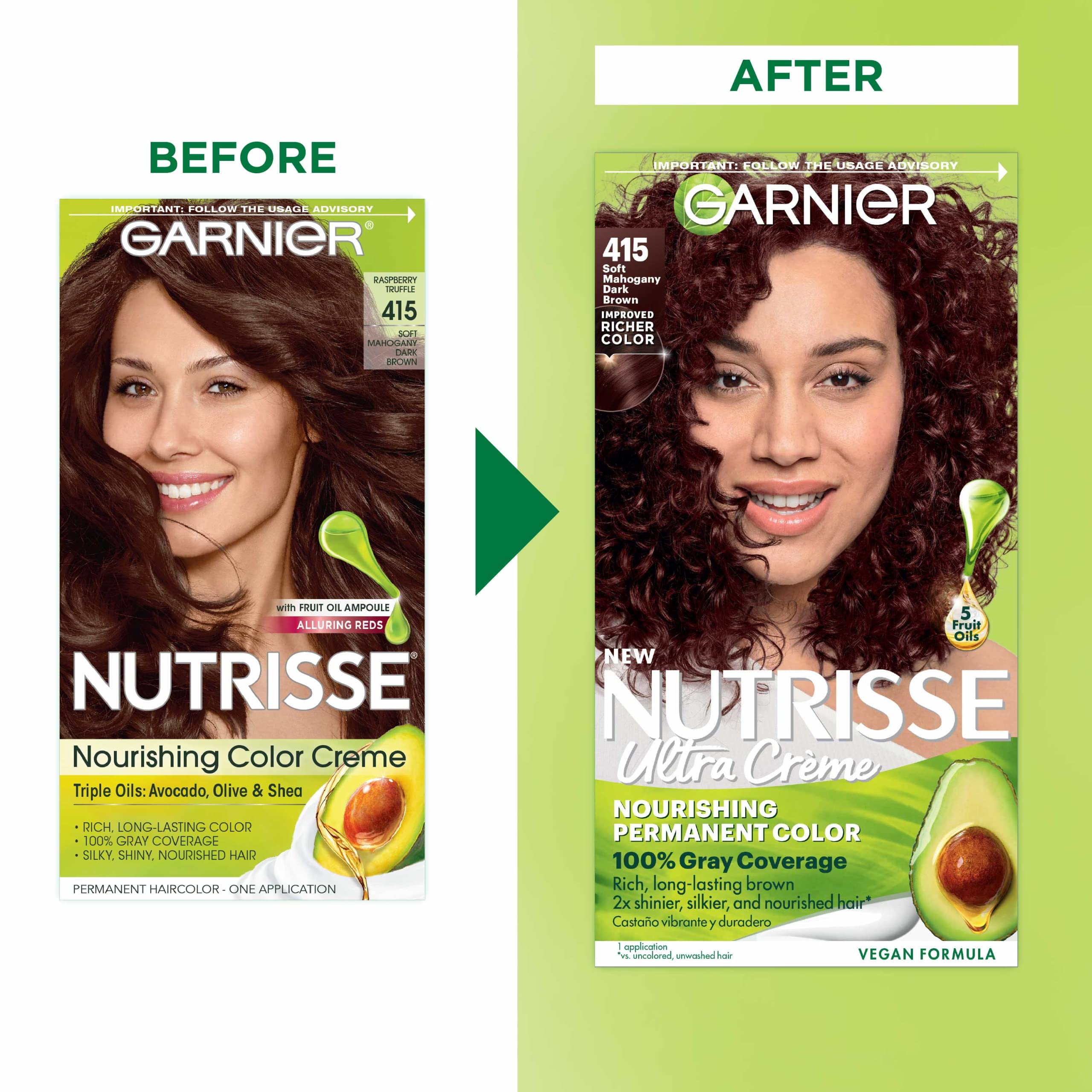 Garnier Hair Color Nutrisse Nourishing Creme, 415 Soft Mahogany Brown (Raspberry Truffle) Permanent Hair Dye, 1 Count (Packaging May Vary)