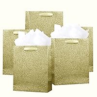 PAPER FAIR 12Pcs Embossed Bright Gold Glitter Gift Bags with 24 Tissue Paper Bulk, M 9x7 Inch, Wedding Bridal Shower Favor Bag Gift Packaging, Holiday Birthday Party