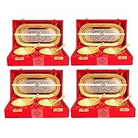 Indian Art Villa Silver Plated Gold Polished Bowl Set with 8 Spoons & 4 Tray, Set of 4, Diwali Gift Item