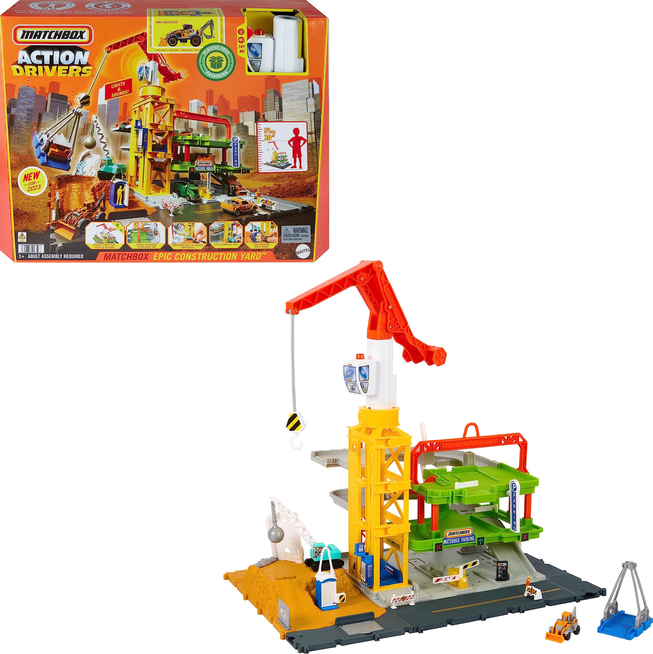 Matchbox Action Drivers Construction Playset with Lights and Sounds, 20”-Tall Mega Crane with Accessories, 1 Matchbox Construction Vehicle