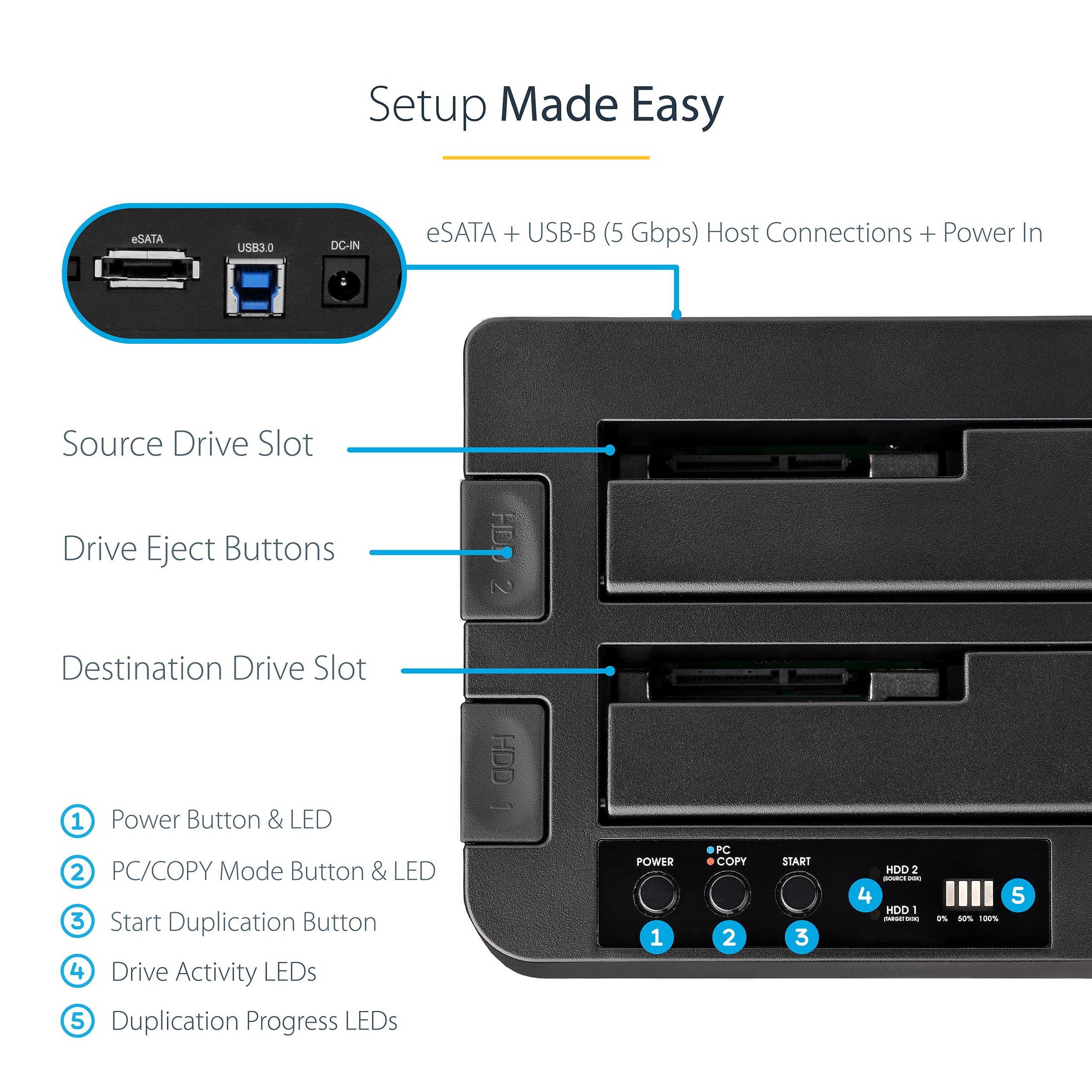 StarTech.com Standalone Hard Drive Duplicator, External Dual Bay USB 3.0 (5 Gbps) / eSATA to 2.5/3.5