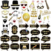 60th Birthday Party Photo Booth Props (51Count) for Her Him 60th Birthday Gold and Black Decorations, Konsait Big 60 Birthday Party Supplies for Men and Women