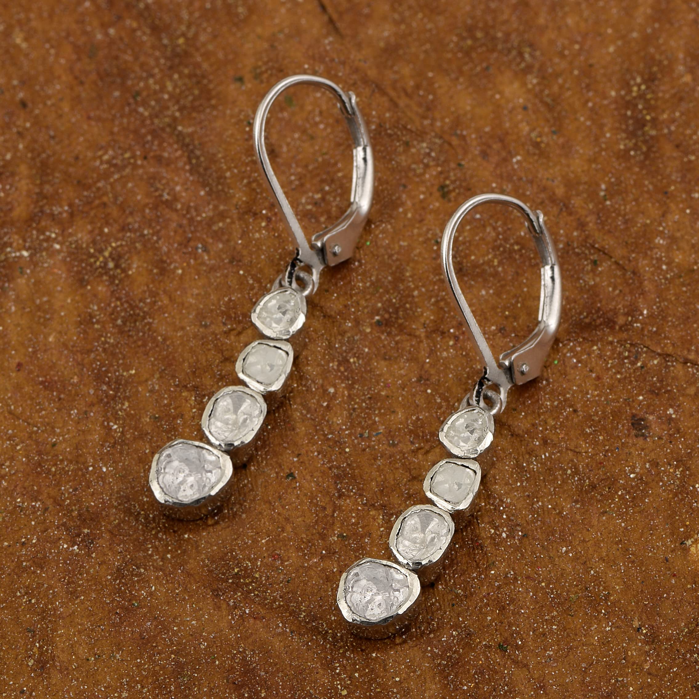 1.00 CTW Natural Diamond Polki Statement Dangles 925 Sterling Silver Platinum Plated Everyday Handmade Slice Diamond Earrings