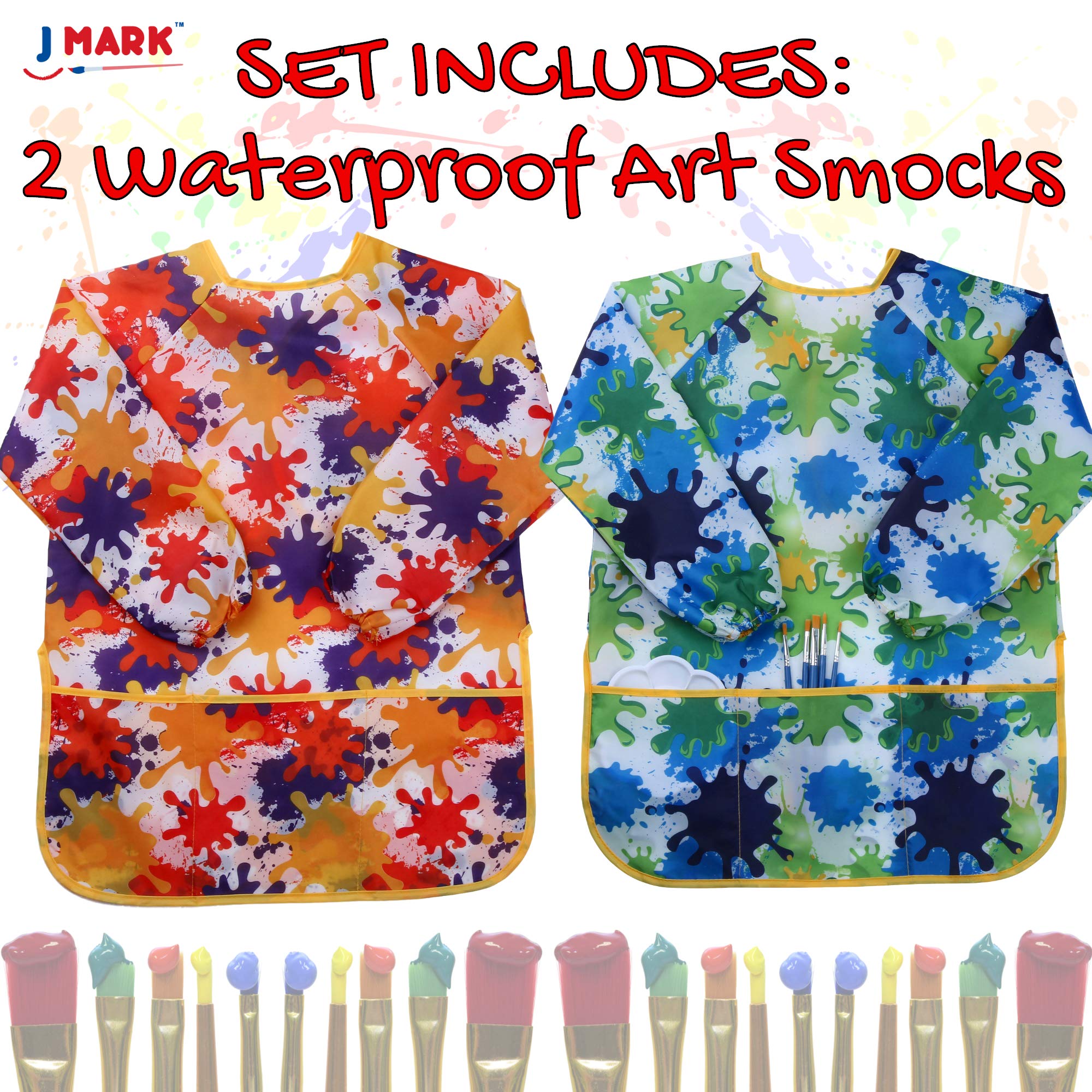 Kids Art Smock Painting Apron -(Pack of 2) Long Sleeve and 2 Pockets for Baking, Eating, Arts & Crafts-Waterproof Paint Shirt