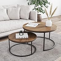 Nathan James Stella Round Modern Nesting Coffee (Set of 2), Stacking Living Room Accent Tables with Tabletops and Matte Metal Frame, Reclaimed Oak/Gunmetal