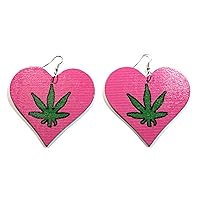 Heart Green Leaf Weed Marijuana Print Multicolor Wood Painted Fish Hook Fashion Jewelry Drop Dangle Earrings