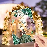 Quinceanera Invitation Emerald Green Dress Acrylic Glass Invitation, Mis Quince, Sweet 15, Sweet 16, Floral Design, xv anos, 15 anos, Spanish Mexican Design