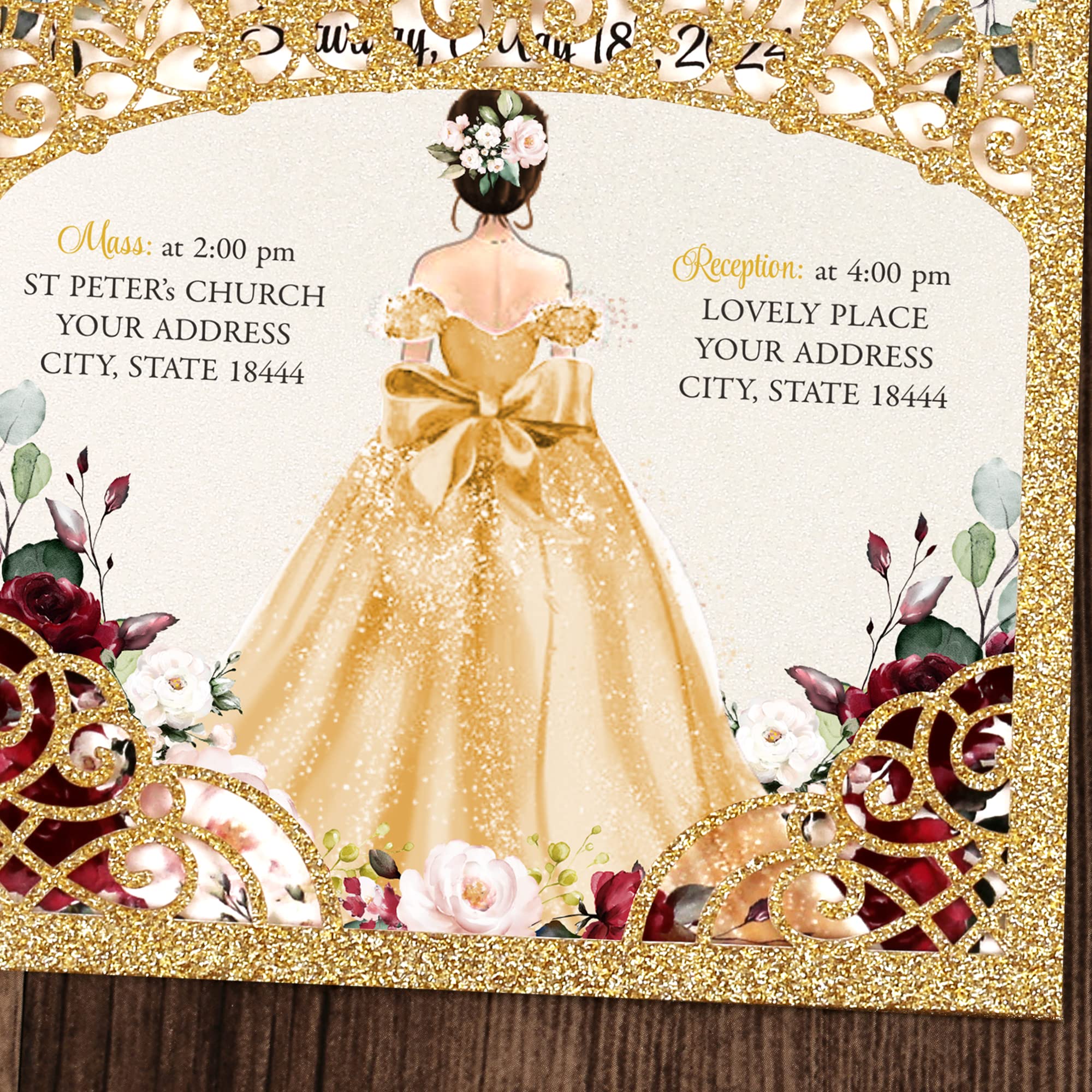 DreamBuilt 5x7.2 inch 50PCS Blank Gold Glitter Quinceanera Invitations Kit Laser Cut Hollow Crown Pocket Quinceanera Invitation Cards with Envelopes for Bridal Shower Quincenera Birthday Invite