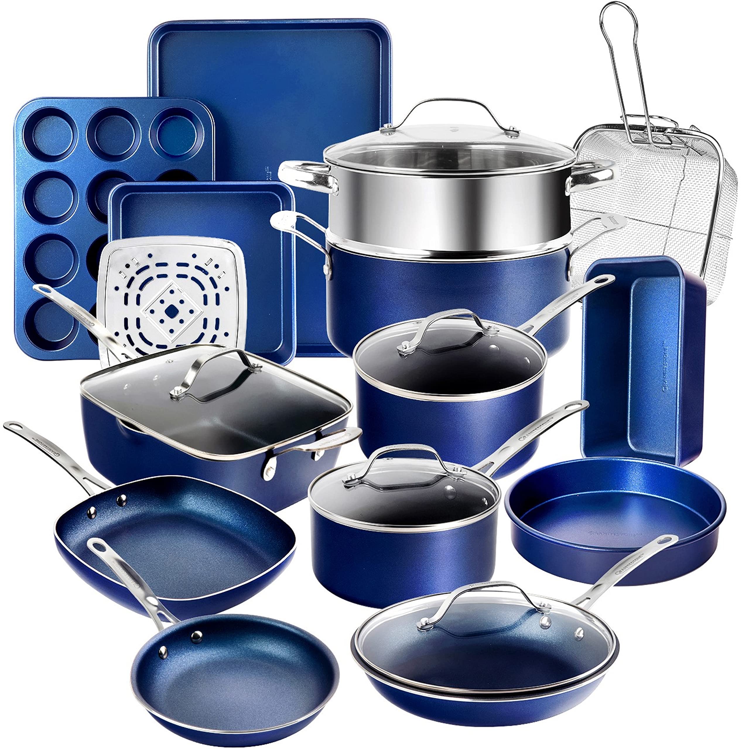 Granitestone Blue 20 Pc Pots and Pans Set Nonstick Clearance, Complete Kitchen Cookware Set with Non Stick Pots and Pans Set with Lids + Bakeware for Cooking, Oven/Dishwasher Safe, 100% Non Toxic