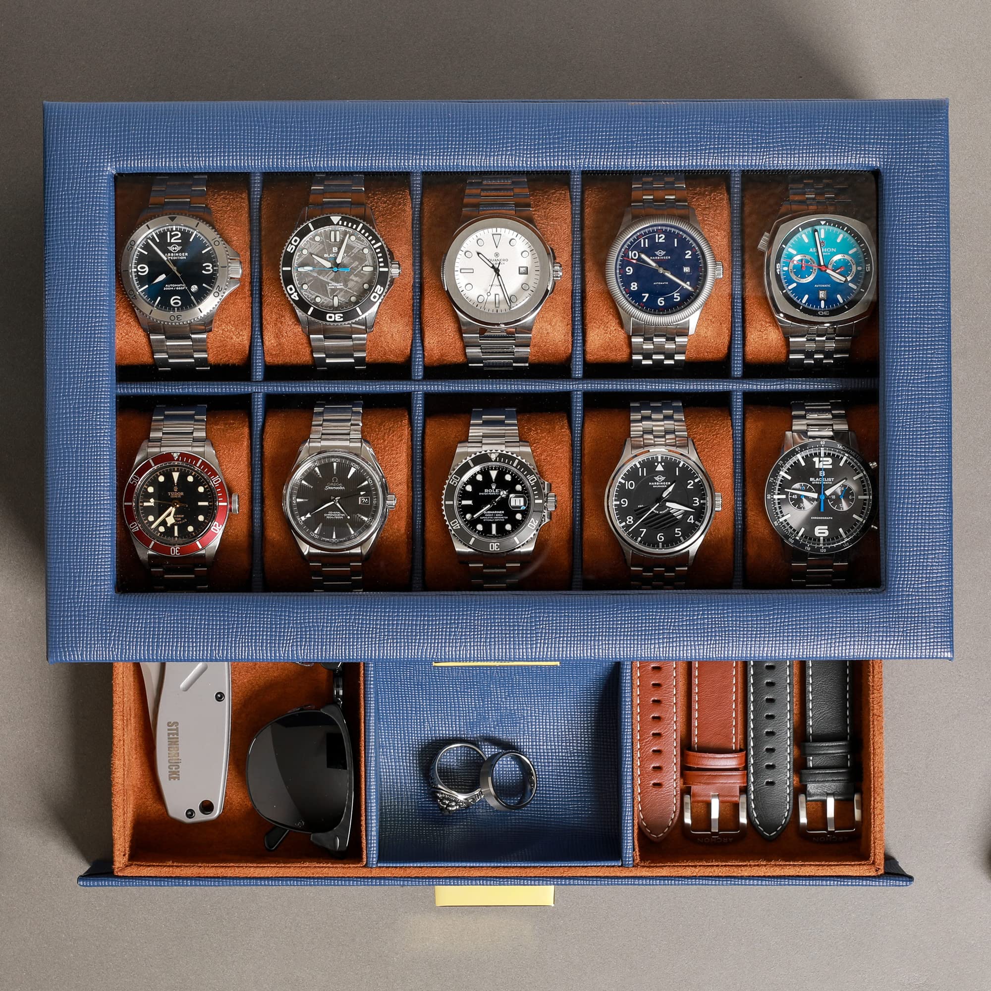 Gift Set 10 Slot Leather Watch Box with Valet Drawer & Matching 5 Watch Travel Case - Luxury Watch Case Display Organizer, Locking Mens Jewelry Watches Holder, Men's Storage Boxes Glass Top Blue/Tan