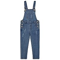 KIDSCOOL SPACE Girls Ripped Denim Overalls,3 Buttons Ripped Elastic Band Inside Jeans Jumpsuit