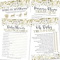 25 Gold Word Scramble For Baby Shower, 25 True Or False Game, 25 Baby Animal Matching, 25 Nursery Rhyme Game - 4 Double Sided Cards Baby Shower Ideas, Baby Shower Party Supplies