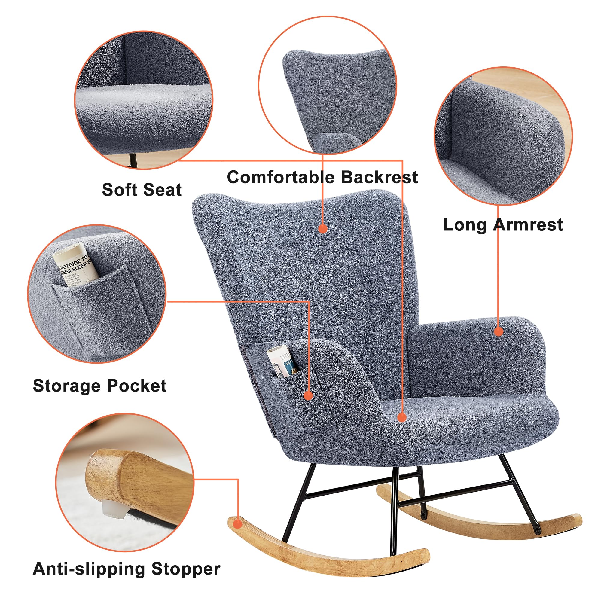 VECELO Rocking Chair, Modern Upholstered Teddy Fabric Nursery Glider with Padded Seat, High Backrest, Armchair and Pocket for Living Room Bedroom Balcony Offices, Grey