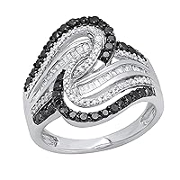 Dazzlingrock Collection 1.15 Carat (ctw) Round & Baguette Black & White Diamond Ladies Swirl Twisted Right Hand Ring, Sterling Silver