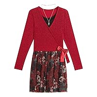 Beautees Girls' Wrap Front Popover Dress with Sequin Mesh Skirt and Necklace