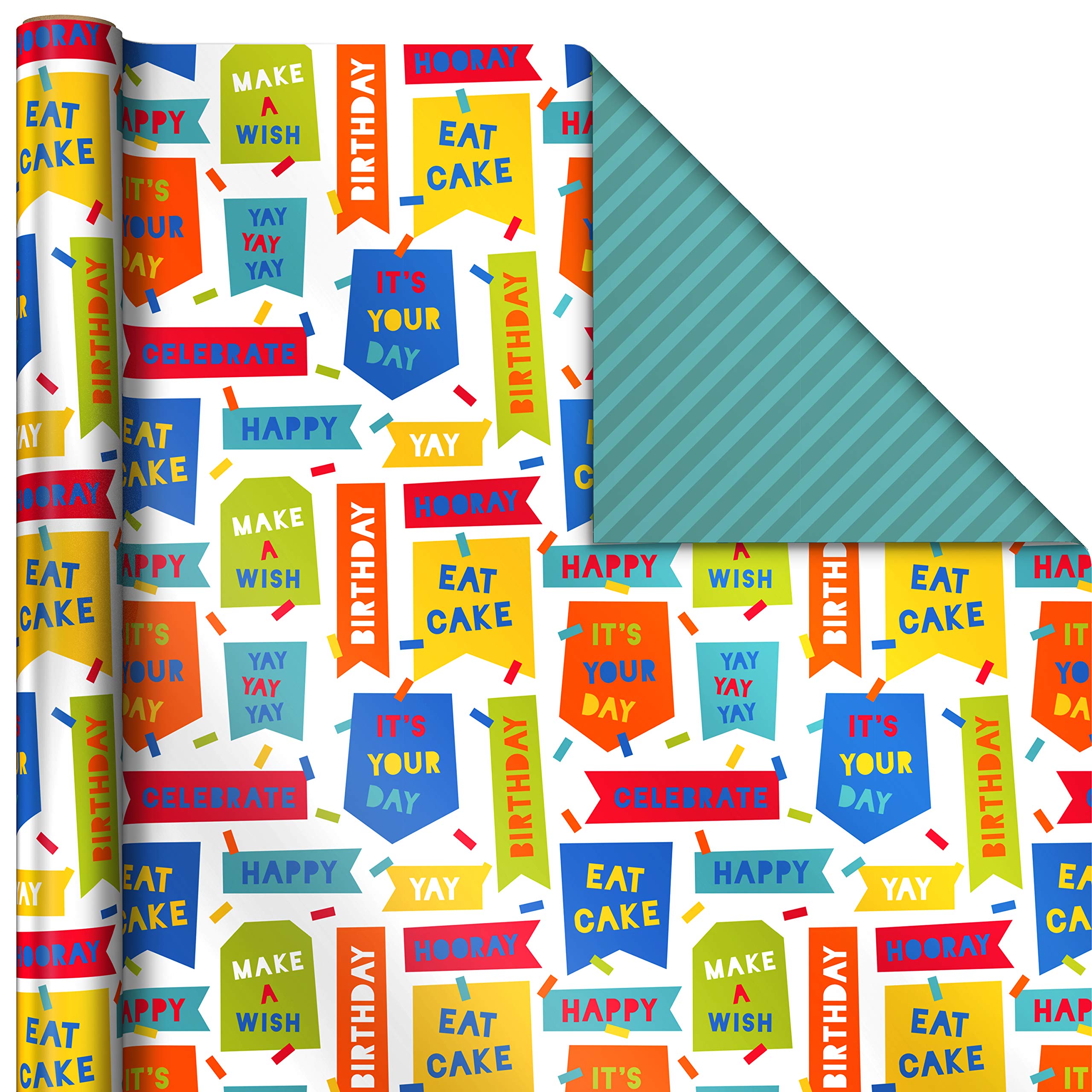 Hallmark Reversible Birthday Wrapping Paper Bundle (3-Pack: 75 sq. ft. ttl.) Balloons, Bright Green, Teal Stripes, White Polka Dots on Red