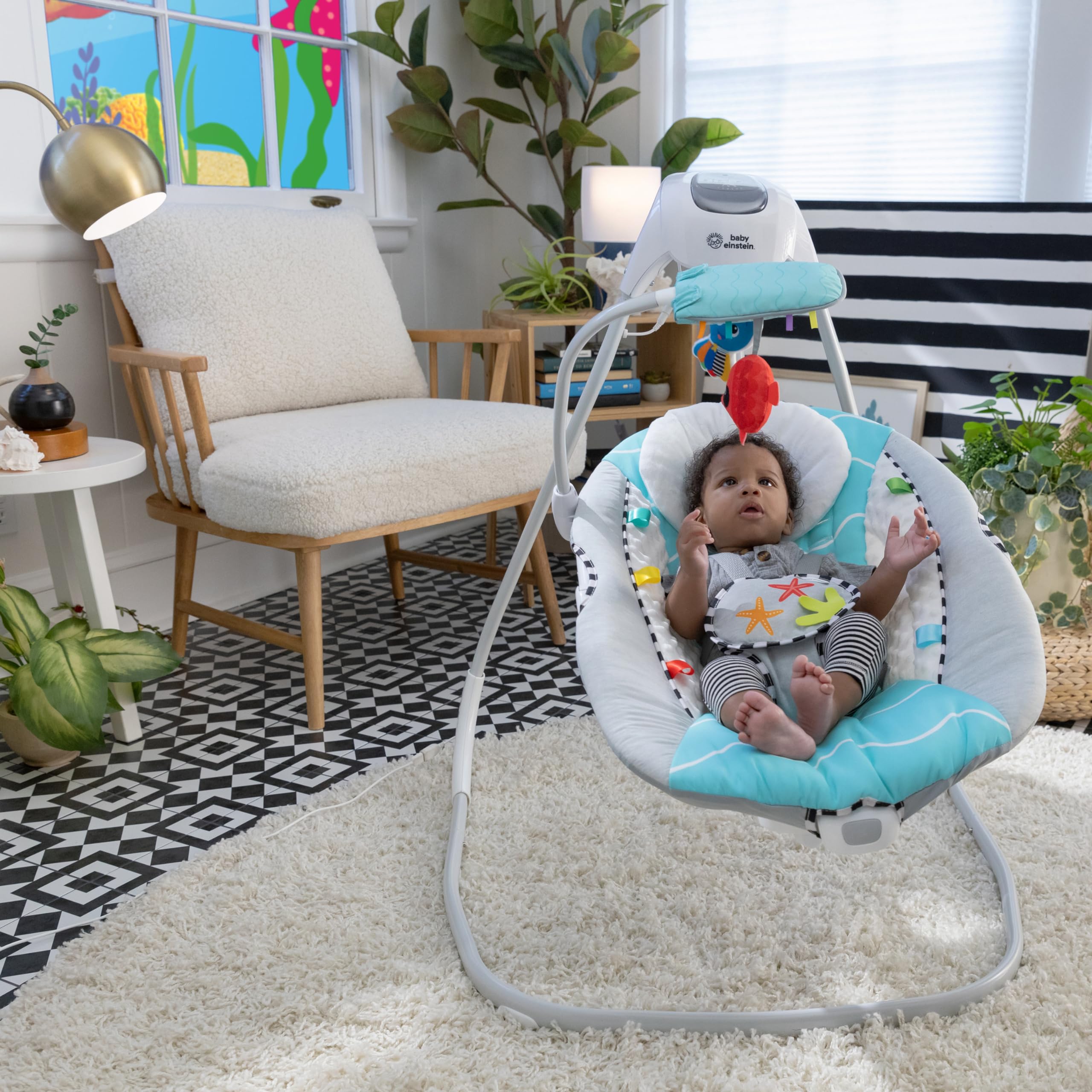 Baby Einstein Ocean Explorers Musical Compact Baby Swing, Vibrating, Multi-Direction, Grey, Unisex, 0-9 Months