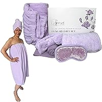 Purple Luxury Gift Set for Women - Soft Coral Fleece Bath Towel Set in Elegant Gift Box – Plus Cooling Towels and Gel Bead Eye Mask to Beat The Heat (M/L, Purple)