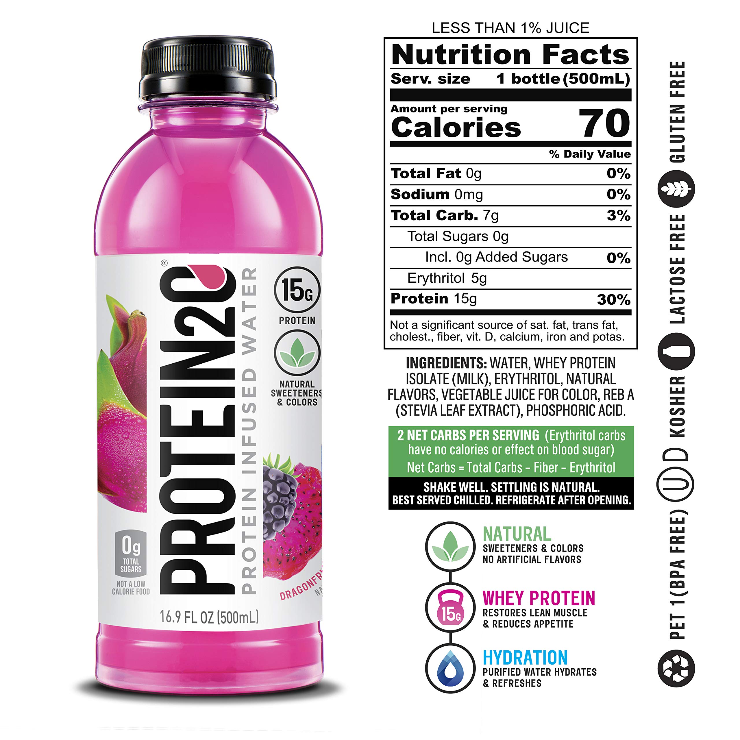 Protein2o 15g Whey Protein Isolate Infused Water, Ready To Drink, Sugar Free, Gluten Free, Lactose Free, No Artificial Sweeteners, Dragonfruit Blackberry, 16.9 oz Bottle (Pack of 12)