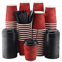 NYHI Set of 100 Red Disposable Paper Cups with Black Lids and Straws (12-oz) | Ripple Insulated Kraft for Hot Drinks - Tea & Coffee | Triple Layer Design | Eco- Friendly, Recyclable