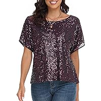 PrettyGuide Women's Sparkly Sequin Tops Short Sleeve Glitter Loose Party Shirt Blouse Boat Neck Dressy Top