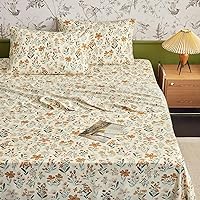 Wake In Cloud - Queen Size Bed Sheets, 4-Piece Fitted Flat Sheet Set, Deep Pocket, Floral Shabby Chic Coquette Orange Green Flower on Ivory Cream, Soft Microfiber Bedding