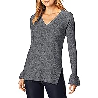 Michael Stars Women's Mixed Stitch Soft V-Neck Pullover with Ruffle Sleeve, Nocturnal, XS
