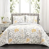 Full Queen-Yellow and Gray Aprile Reversible Quilt 3 Piece Floral Leaf Design Bedding Set