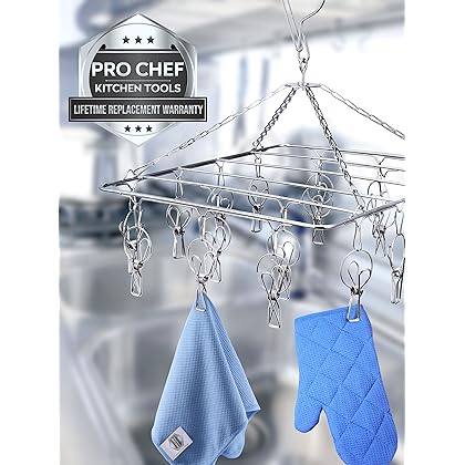 Pro Chef Kitchen Tools Laundry Drying Rack - Rectangle Hanging Clothes Dryer with 18 Clothes Pins - Hangers with Clips - Retractable Clothesline - Mitten Drying Rack - Indoor Outdoor Laundry Hanger