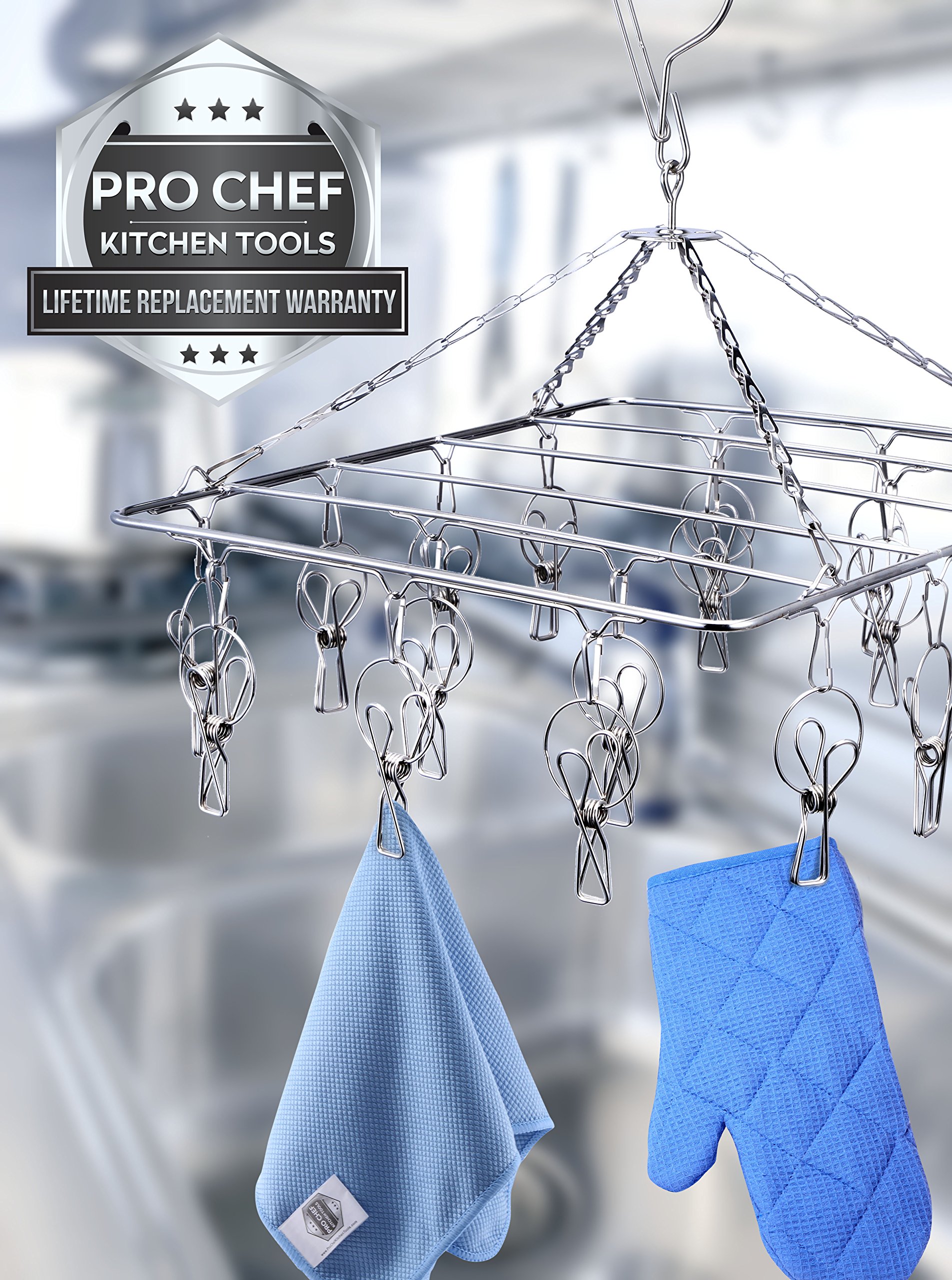Pro Chef Kitchen Tools Laundry Drying Rack - Rectangle Hanging Clothes Dryer with 18 Clothes Pins - Hangers with Clips - Retractable Clothesline - Mitten Drying Rack - Indoor Outdoor Laundry Hanger