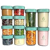 Baby Food Storage Jars w/Lids (4/8oz, 12 Pack) - Reusable Glass Baby Food Jars with Lids - Puree, Snack, or Breast Milk Storage Containers - Baby Essentials Must Have - Freezer & Microwave Safe