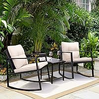 Greesum 3 Pieces Rocking Wicker Bistro Set, Patio Outdoor Furniture Conversation Sets with Porch Chairs and Glass Coffee Table, Beige