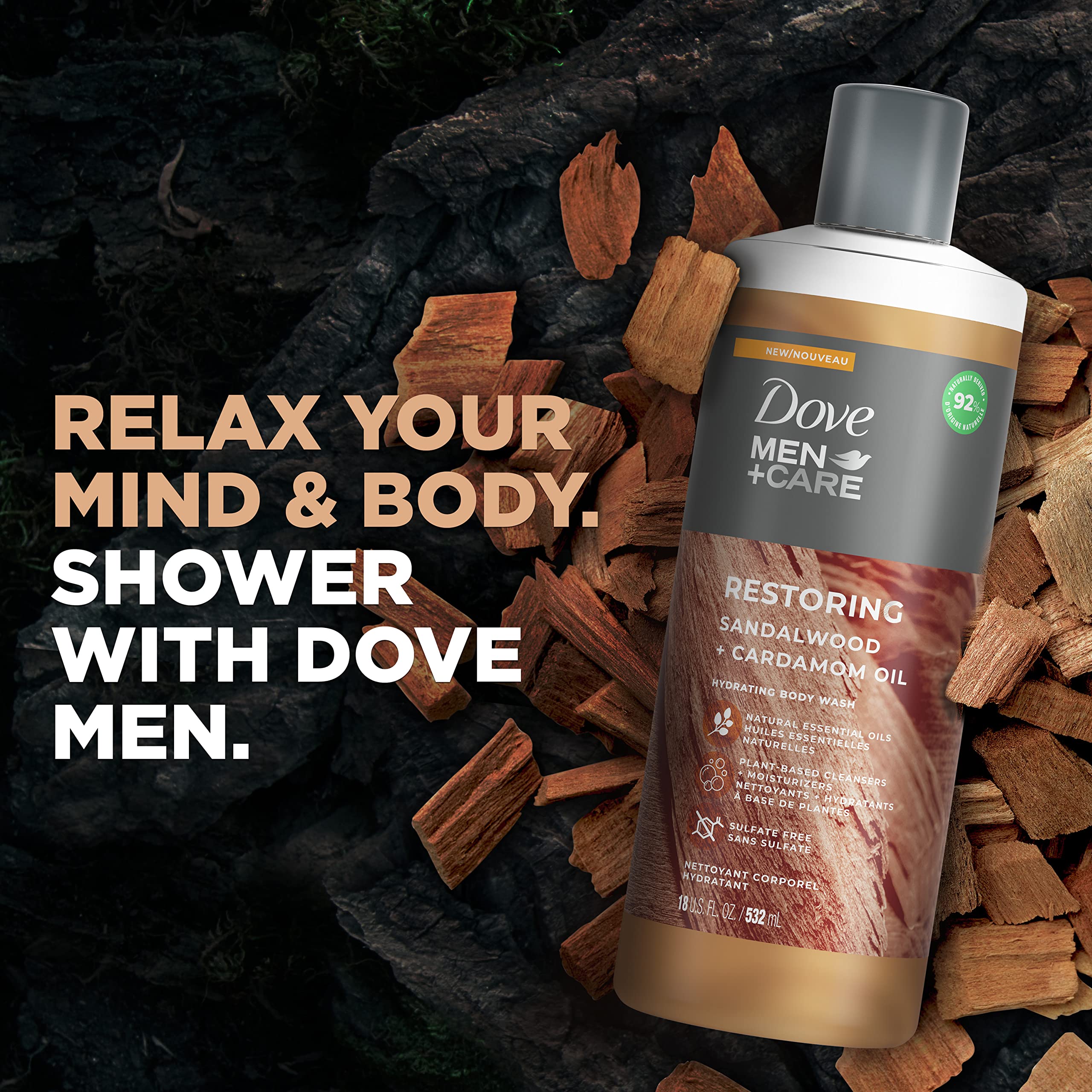 Dove Men+Care Body Wash For Fresh, Healthy-Feeling Skin Sandalwood + Cardamom Oil Cleanser That Effectively Washes Away Bacteria While Nourishing Your Skin 18 oz 4 Count