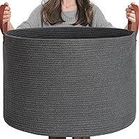 CHICVITA Large Storage Basket, Woven Laundry Basket with Leather Handles, Laundry Hamper for Blankets, Towels, Toys, Baby Nursery, Bedroom Organizer, 22 x 14 inches, Dark Gray